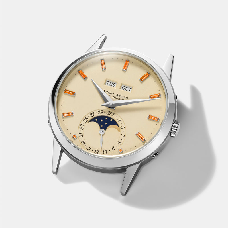 PRE-ORDER FOR THE LIMITED EDITION 2026 ARCHI WORKS «PADELLONE» TRIPLE CALENDAR MOONPHASE SUNSET PANNA DIAL 55